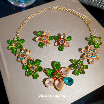 Multicolor Crystal Flower Necklace and Stud Earrings Two Styles