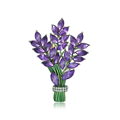 Front product view of the wheat brooch pin in purple and green