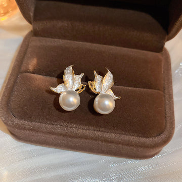 Pearl and Enamel Leaf Stud Earrings in Two Colors Decorative Jewelry