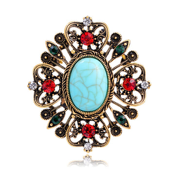 Aqua Gold Tone Flower Metal Brooch Pin for Jackets and Lapels