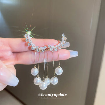 Crystal Vine Ear Climbers With Pearl Chain Drops Statement Jewelry