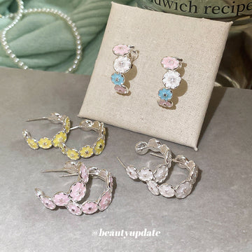 Pastel Three Flower Crystal Huggie Hoop Earrings Statement Jewelry Pair