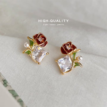 Gold Tone Red Rose Green Leaf Pearl And Clear Stone Stud Earrings