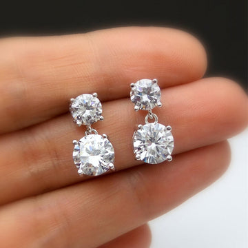 Two-Tier Round Clear Stone Drop Earrings In Gold And Silver Tones