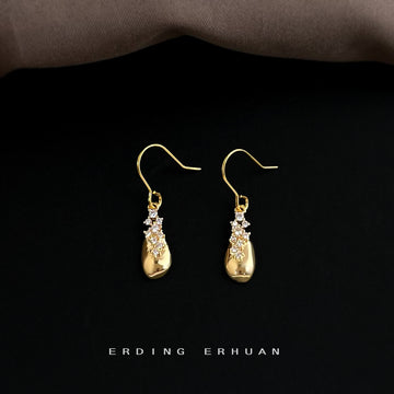 Gold Tone Teardrop Drop Earrings Clear Crystal Cluster