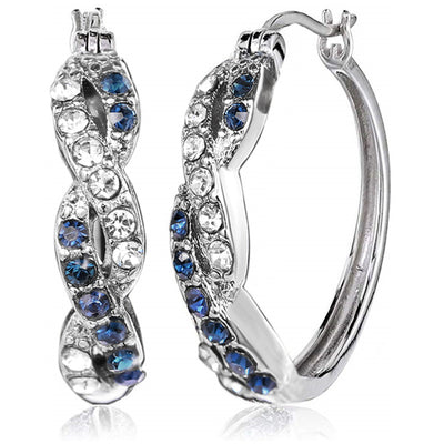 Blue and Clear Stone Wavy Silver Tone Hoop Earrings shown in front view