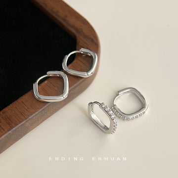 Silver Tone Square Huggie Hoop Earrings In Plain And Clear Stone Styles