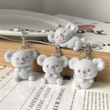 Grey Flocked Koala Plush Keychains Metal Ring 4 Poses