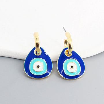 Gold Tone Blue Teardrop Evil Eye Huggie Drop Earrings