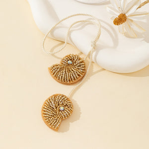 Gold Bead Nautilus Shell Charm Pendant Cream Cord Necklace