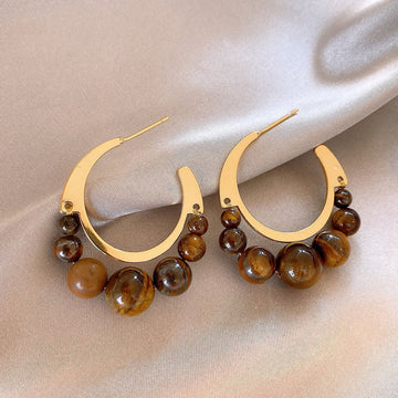 Brown Beaded Hoop Earrings With Gold Tone Crescent Frames