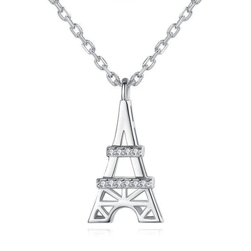 Mini Eiffel Tower Clear Stone Pendant Necklace White Gold Tone