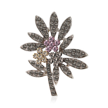 Rhinestone Palm Leaf Brooch Pink Champagne Crystal Clusters