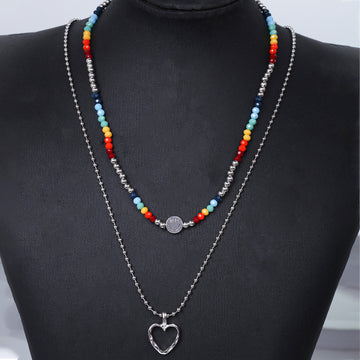 Colorful Bead Open Heart Double Layer Pendant Necklace