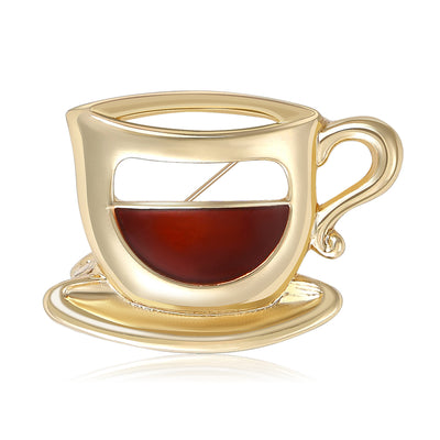 Gold hollow coffee cup enamel brooch front on white