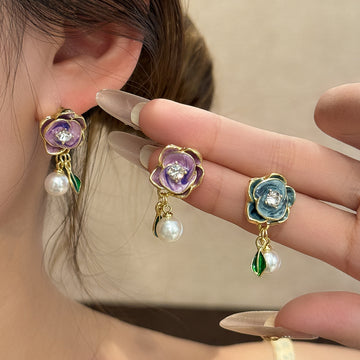 Purple and Blue Rose Pearl Look Dangle Stud Earrings