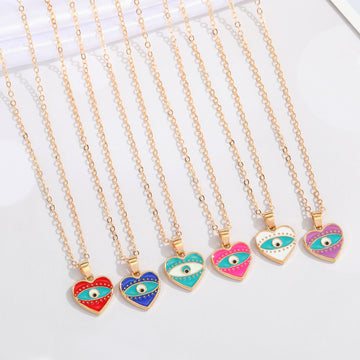 Gold Tone Enamel Heart Evil Eye Pendant Necklaces in Six Colors