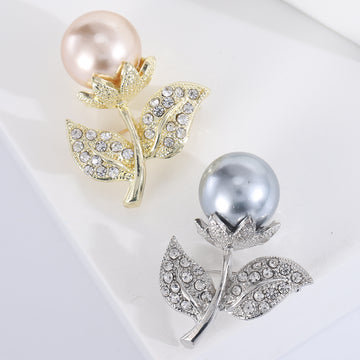 Pearl Flower Stem Brooch With Crystal Leaves in Two Finishes