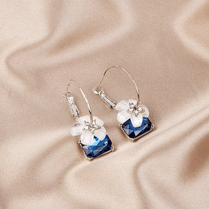 Silver-Tone Hoop Earrings with White Flower and Blue Square Crystal Drop