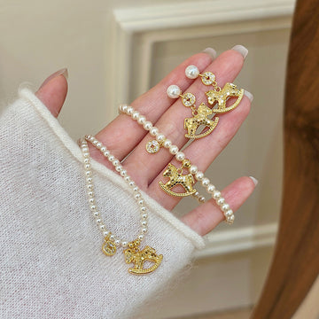 Pearl Rocking Horse Charm Necklace Earrings Bracelet