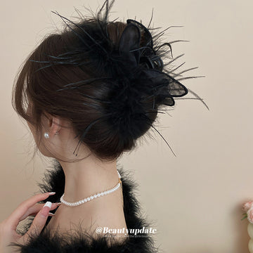Black Feather Hair Claw With Sheer Fabric Loops And Loose Strands