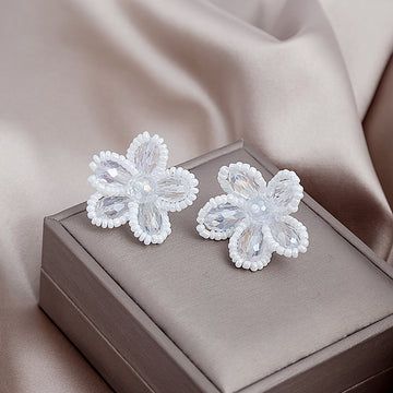 White Crystal Flower Stud Earrings Seed Pearl Petal Edge