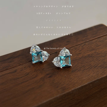 Silver Tone Aqua Square And Clear Heart Faceted Stone Stud Earrings