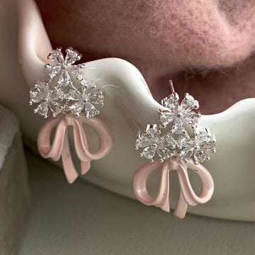 Crystal Flower Bow Earrings in Three Colors Statement Jewelry Design