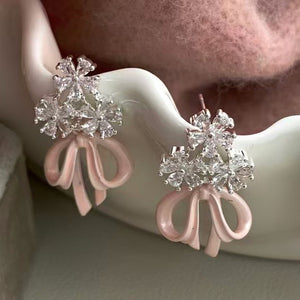 Silver-Tone Crystal Flower and Enamel Bow Stud Earrings, 3 Colors