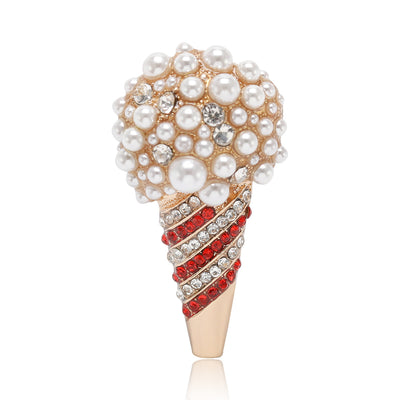 Front view of ice cream cone topped by a pearl and crystal scoop