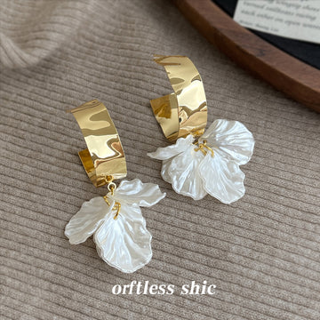 Gold Wide Hoop White Pearl Flower Petal Drop Earrings