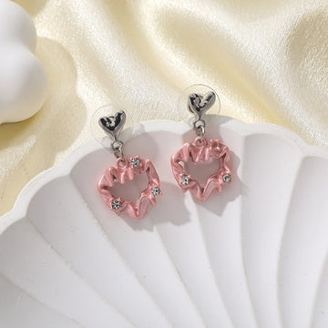 Silver Heart Top and Pink Wreath Dangle Stud Earrings