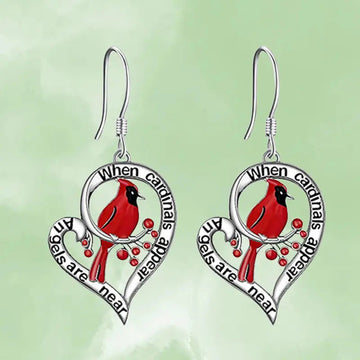 Silver Tone Red Cardinal Heart Enamel Drop Earrings