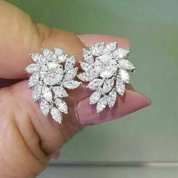 Silver Tone Leaf Cluster Stud Earrings with Clear Stone Details