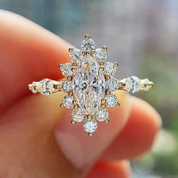 Marquise Clear Solitaire Floral Cluster Halo Ring In Gold Tone