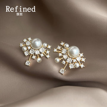 Gold Tone Pearl Clear Stone Starburst Cluster Stud Earrings