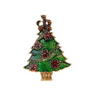Christmas Tree Brooch Pin with Red Enamel Flowers, Antique Gold-Tone Zinc Alloy