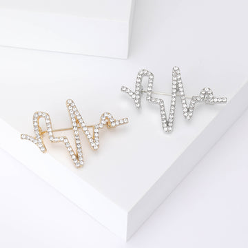 Rhinestone Heartbeat ECG Brooch Silver or Gold Metal Pin Brooch