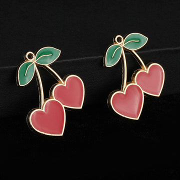 Heart Shaped Cherry Enamel Charm Pendant Gold Tone