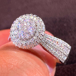Round Double-Halo Clear-Stone Pave Ring In Silver Tone
