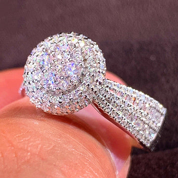 Round Double-Halo Clear-Stone Pave Ring In Silver Tone