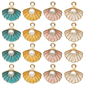 Enamel Scallop Shell Charms with Faux Pearl in Gold Tone, Ten Colors
