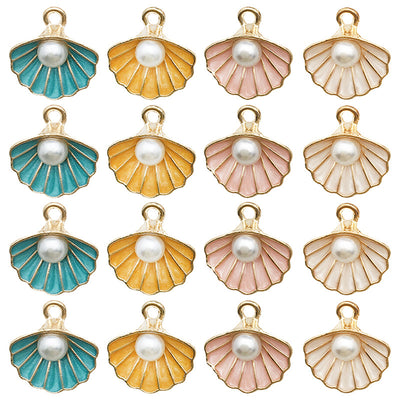 Colorful shell charms arranged on a light background