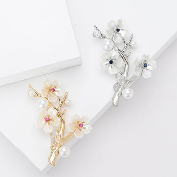 Three Blossom Branch Brooch in Gold or Silver With Pearls