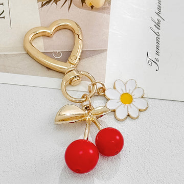 Cherry or Flower Charm Keychain with Gold-Tone Heart Clasp