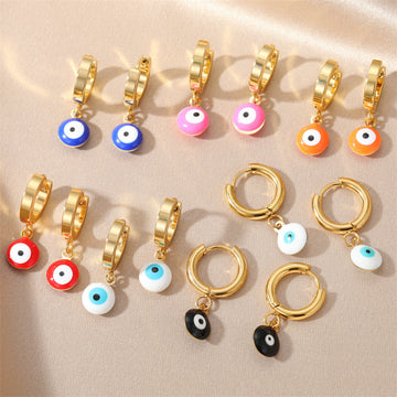 Colorful Evil Eye Huggie Drop Earrings in Gold Tone