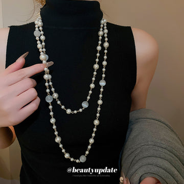White Pearl Look Double Strand Necklace with Gold Chain