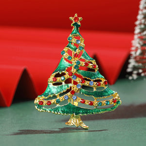 Green Enamel Christmas Tree Brooch Rhinestone Gold Tone Pin