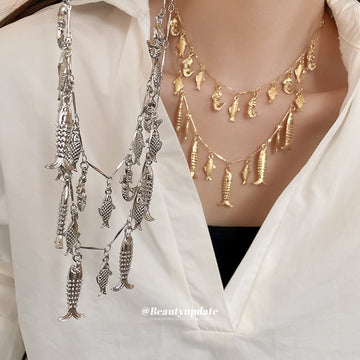 Layered Fish Charm Necklace in Gold and Silver Tones