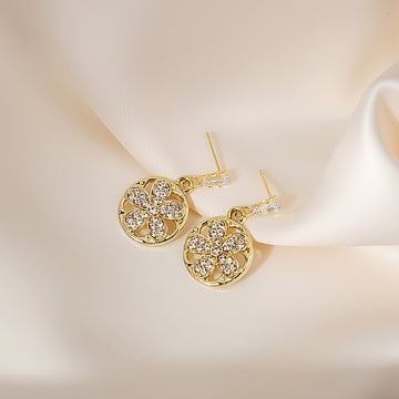 Gold Crystal Flower Disc Drop Earrings Baguette Stud Posts